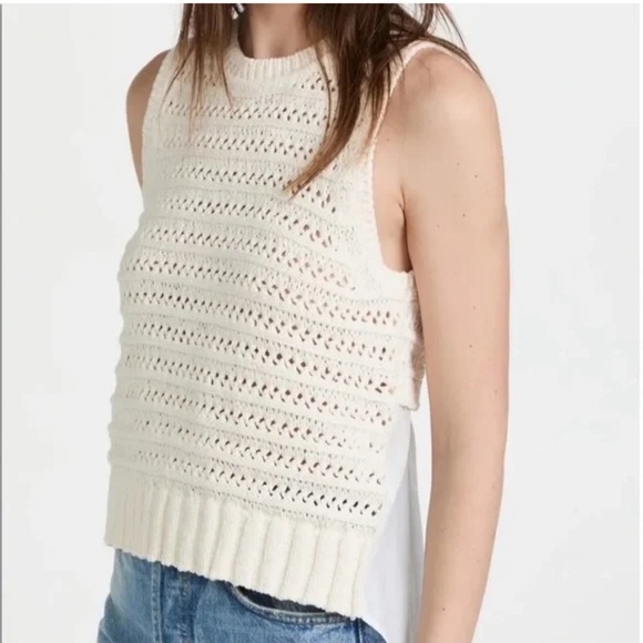 Veronica Beard Ivory Crochet Knit Sleeveless Sweater with Cotton Curved Back Hem - Picture 7 of 12